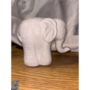 White Ceramic Elephant Figurine Embossed Floral Design Small Decorative Accent